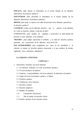 17
EFICACIA ¿Qué eficacia se determinara en el recurso humano de las industrias
elaboradoras de productos químicos?
EFECTIVIDAD ¿Qué efectividad se determinara en el recurso humano de las
industrias elaboradoras de productos químicos?
RIESGO ¿Qué riesgo se expone en la salud del personal de las industrias generadoras
de desechos químicos?
CANTIDAD ¿Cuáles son los diferentes desechos que se generan en las industrias
así como su respectivo manejo a cada uno de ellos?
COMPOSICIÓN, ¿Qué medidas de seguridad y protección a la salud humana del
personal se están aplicando en las industrias
PELIGRO. ¿Qué peligro representan al ambiente y la salud los desechos químicos
generados por la prestación de las diferentes áreas del H.A.M
LOS GENERADORES ¿Hay cumplimiento por parte de las autoridades a lo
referente en manejo de desechos químicos desacuerdo a lo que establece las normas,
reglamento, leyes, ordenanzas municipales?
2.4. ESQUEMA TEMÁTICO
CAPÍTULO I
1. Antecedentes Generales del sector industrial
1.1. Las industrias dedicadas a la venta de productos químicos
1.2. El sector productor de químicos
1.3. Funciones y responsabilidades del sector industrial de elaborados de químicos
1.4. Origen del sector de productos químicos en Manta
1.5. Productos químicos
1.6. Clasificación de los desechos
1.7. Desechos comunes
1.8. Desechos peligrosos
1.9. Medidas de seguridad
1.10. Capacitación del personal
1.11. Plan de manejo de desechos tóxicos
1.12.Gestión operativa de los desechos tóxicos
 