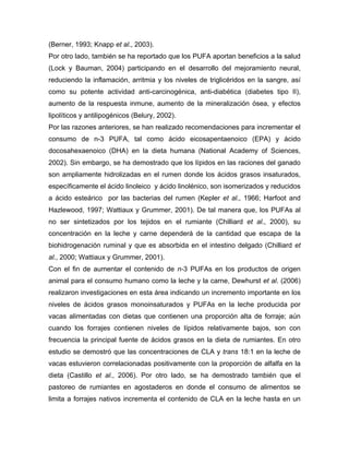 (Berner, 1993; Knapp et al., 2003).
Por otro lado, también se ha reportado que los PUFA aportan beneficios a la salud
(Lock y Bauman, 2004) participando en el desarrollo del mejoramiento neural,
reduciendo la inflamación, arritmia y los niveles de triglicéridos en la sangre, así
como su potente actividad anti-carcinogénica, anti-diabética (diabetes tipo II),
aumento de la respuesta inmune, aumento de la mineralización ósea, y efectos
lipolíticos y antilipogénicos (Belury, 2002).
Por las razones anteriores, se han realizado recomendaciones para incrementar el
consumo de n-3 PUFA, tal como ácido eicosapentaenoico (EPA) y ácido
docosahexaenoico (DHA) en la dieta humana (National Academy of Sciences,
2002). Sin embargo, se ha demostrado que los lípidos en las raciones del ganado
son ampliamente hidrolizadas en el rumen donde los ácidos grasos insaturados,
específicamente el ácido linoleico y ácido linolénico, son isomerizados y reducidos
a ácido esteárico por las bacterias del rumen (Kepler et al., 1966; Harfoot and
Hazlewood, 1997; Wattiaux y Grummer, 2001). De tal manera que, los PUFAs al
no ser sintetizados por los tejidos en el rumiante (Chilliard et al., 2000), su
concentración en la leche y carne dependerá de la cantidad que escapa de la
biohidrogenación ruminal y que es absorbida en el intestino delgado (Chilliard et
al., 2000; Wattiaux y Grummer, 2001).
Con el fin de aumentar el contenido de n-3 PUFAs en los productos de origen
animal para el consumo humano como la leche y la carne, Dewhurst et al. (2006)
realizaron investigaciones en esta área indicando un incremento importante en los
niveles de ácidos grasos monoinsaturados y PUFAs en la leche producida por
vacas alimentadas con dietas que contienen una proporción alta de forraje; aún
cuando los forrajes contienen niveles de lípidos relativamente bajos, son con
frecuencia la principal fuente de ácidos grasos en la dieta de rumiantes. En otro
estudio se demostró que las concentraciones de CLA y trans 18:1 en la leche de
vacas estuvieron correlacionadas positivamente con la proporción de alfalfa en la
dieta (Castillo et al., 2006). Por otro lado, se ha demostrado también que el
pastoreo de rumiantes en agostaderos en donde el consumo de alimentos se
limita a forrajes nativos incrementa el contenido de CLA en la leche hasta en un
 