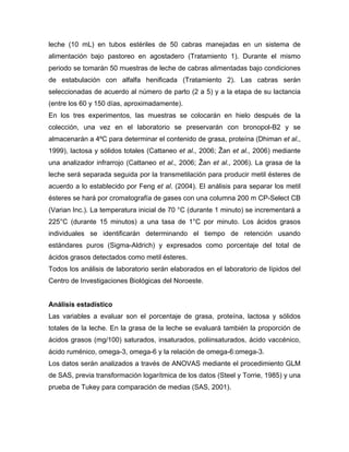 leche (10 mL) en tubos estériles de 50 cabras manejadas en un sistema de
alimentación bajo pastoreo en agostadero (Tratamiento 1). Durante el mismo
periodo se tomarán 50 muestras de leche de cabras alimentadas bajo condiciones
de estabulación con alfalfa henificada (Tratamiento 2). Las cabras serán
seleccionadas de acuerdo al número de parto (2 a 5) y a la etapa de su lactancia
(entre los 60 y 150 días, aproximadamente).
En los tres experimentos, las muestras se colocarán en hielo después de la
colección, una vez en el laboratorio se preservarán con bronopol-B2 y se
almacenarán a 4ºC para determinar el contenido de grasa, proteína (Dhiman et al.,
1999), lactosa y sólidos totales (Cattaneo et al., 2006; Žan et al., 2006) mediante
una analizador infrarrojo (Cattaneo et al., 2006; Žan et al., 2006). La grasa de la
leche será separada seguida por la transmetilación para producir metil ésteres de
acuerdo a lo establecido por Feng et al. (2004). El análisis para separar los metil
ésteres se hará por cromatografía de gases con una columna 200 m CP-Select CB
(Varian Inc.). La temperatura inicial de 70 °C (durante 1 minuto) se incrementará a
225°C (durante 15 minutos) a una tasa de 1°C por minuto. Los ácidos grasos
individuales se identificarán determinando el tiempo de retención usando
estándares puros (Sigma-Aldrich) y expresados como porcentaje del total de
ácidos grasos detectados como metil ésteres.
Todos los análisis de laboratorio serán elaborados en el laboratorio de lípidos del
Centro de Investigaciones Biológicas del Noroeste.


Análisis estadístico
Las variables a evaluar son el porcentaje de grasa, proteína, lactosa y sólidos
totales de la leche. En la grasa de la leche se evaluará también la proporción de
ácidos grasos (mg/100) saturados, insaturados, poliinsaturados, ácido vaccénico,
ácido ruménico, omega-3, omega-6 y la relación de omega-6:omega-3.
Los datos serán analizados a través de ANOVAS mediante el procedimiento GLM
de SAS, previa transformación logarítmica de los datos (Steel y Torrie, 1985) y una
prueba de Tukey para comparación de medias (SAS, 2001).
 