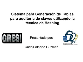 Sistema para Generación de Tablas para auditoria de claves utilizando la técnica de Hashing Presentado por: Carlos Alberto Guzmán 