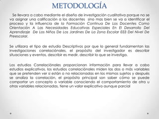 METODOLOGÍA
  Se llevara a cabo mediante el diseño de investigación cualitativa porque no se
va asignar una calificación a los docentes sino mas bien se va a identificar el
proceso y la influencia de la Formación Continua De Los Docentes Como
Orientación A Las Necesidades Educativas Especiales En El Desarrollo Del
Aprendizaje De Los Niños De Los Jardines De La Zona Escolar 033 Del Nivel De
Preescolar.

Se utilizara el tipo de estudio Descriptivos por que lo general fundamentan las
investigaciones correlaciónales, el propósito del investigador es describir
situaciones y eventos, describir es medir, describir lo que se investiga.

Los estudios Correlaciónales proporcionan información para llevar a cabo
estudios explicativos, los estudios correlaciónales miden las dos o más variables
que se pretenden ver si están o no relacionadas en los mismos sujetos y después
se analiza la correlación, el propósito principal son saber cómo se puede
comportar un concepto o variable conociendo el comportamiento de otra u
otras variables relacionadas, tiene un valor explicativo aunque parcial
 