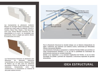 Reticulados Planos Metálicos

Cubierta Metálica sobre
Estructura Metálica

Cielorrasos Suspendido

Las mamposterías se plantearon mediante
Bloques de Hormigón Celular Autoclavado. Cuyas
ventajas son mayor poder de Aislación Térmica y
Acústica, Menor Peso, Rápida y Fácil Ejecución,
entre otras. Dichos Bloques presentan una alta
disponibilidad en la zona y su durabilidad esta
garantizada, frente a plagas que podrían afectar
la construcción en la zona.

Las Terminaciones Exteriores se plantearon para
diferenciar
los
diferentes
Volúmenes
materializados en dos variantes. Mediante Tablas
de Madera por un lado (para los volúmenes
principales) y Placas de Hormigón en los demás
volúmenes.
Interponiendo
entre
este
revestimiento y la mampostería un material de
alto poder aislante térmico.

Mamposterías de Ladrillos de
Hormigón Celular
Vigas de Hormigón Armado

Columnas de Hormigón
Armado

Para la Resolución Estructural se decidió trabajar con un Sistema Independiente de
Vigas y Columnas, que sustenten una Cubierta Liviana, conformada por Reticulados
Planos y Cerramiento Metálico.
Los Cerramiento Verticales se propusieron a mediante Paredes Dobles que permitan un
mejor Comportamiento Climático y a su vez den la posibilidad de materializar las
terminaciones exteriores en variados materiales.
Debido a las regularidad y a la extensión longitudinal del Partido, el uso de dicha
Tecnología fue posible y permitió dar respuestas a estructuras espaciales de grandes
dimensiones.

IDEA ESTRUCTURAL

 