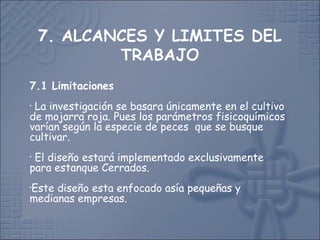 7.1 Limitaciones
• La investigación se basara únicamente en el cultivo
de mojarra roja. Pues los parámetros fisicoquímicos
varían según la especie de peces que se busque
cultivar.
• El diseño estará implementado exclusivamente
para estanque Cerrados.
•Este diseño esta enfocado asía pequeñas y
medianas empresas.
 