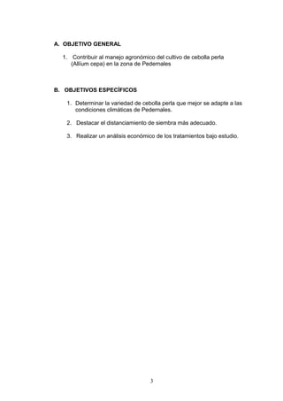 A. OBJETIVO GENERAL
1. Contribuir al manejo agronómico del cultivo de cebolla perla
(Allíum cepa) en la zona de Pedernales
B. OBJETIVOS ESPECÍFICOS
1. Determinar la variedad de cebolla perla que mejor se adapte a las
condiciones climáticas de Pedernales.
2. Destacar el distanciamiento de siembra más adecuado.
3. Realizar un análisis económico de los tratamientos bajo estudio.
3
 