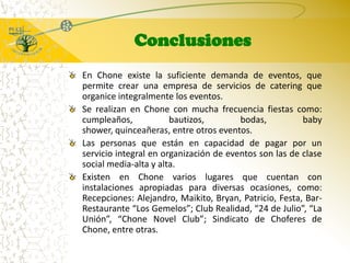 ConclusionesEn Chone existe la suficiente demanda de eventos, que permite crear una empresa de servicios de catering que organice integralmente los eventos.Se realizan en Chone con mucha frecuencia fiestas como: cumpleaños, bautizos, bodas, baby shower, quinceañeras, entre otros eventos. Las personas que están en capacidad de pagar por un servicio integral en organización de eventos son las de clase social media-alta y alta.Existen en Chone varios lugares que cuentan con instalaciones apropiadas para diversas ocasiones, como: Recepciones: Alejandro, Maikito, Bryan, Patricio, Festa, Bar-Restaurante “Los Gemelos”; Club Realidad, “24 de Julio”, “La Unión”, “Chone Novel Club”; Sindicato de Choferes de Chone, entre otras.