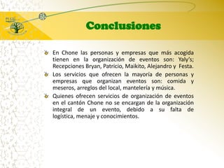ConclusionesEn Chone las personas y empresas que más acogida tienen en la organización de eventos son: Yaly’s; Recepciones Bryan, Patricio, Maikito, Alejandro y  Festa.Los servicios que ofrecen la mayoría de personas y empresas que organizan eventos son: comida y meseros, arreglos del local, mantelería y música.Quienes ofrecen servicios de organización de eventos en el cantón Chone no se encargan de la organización integral de un evento, debido a su falta de logística, menaje y conocimientos.