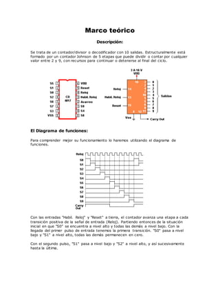 Marco teórico
Descripción:
Se trata de un contador/divisor o decodificador con 10 salidas. Estructuralmente está
formado por un contador Johnson de 5 etapas que puede dividir o contar por cualquier
valor entre 2 y 9, con recursos para continuar o detenerse al final del ciclo.
El Diagrama de funciones:
Para comprender mejor su funcionamiento lo haremos utilizando el diagrama de
funciones.
Con las entradas "Habil. Reloj" y "Reset" a tierra, el contador avanza una etapa a cada
transición positiva de la señal de entrada (Reloj). Partiendo entonces de la situación
inicial en que "S0" se encuentra a nivel alto y todas las demás a nivel bajo. Con la
llegada del primer pulso de entrada tenemos la primera transición. "S0" pasa a nivel
bajo y "S1" a nivel alto, todas las demás permanecen en cero.
Con el segundo pulso, "S1" pasa a nivel bajo y "S2" a nivel alto, y así sucesivamente
hasta la última.
 