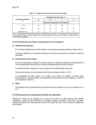 NCh170


                           Tabla C.1 - Temperatura mínima de elaboración del hormigón

                                                       Temperatura de colocación, ° C
     Temperatura ambiente,               13                 10                  7                   5
              °C
                                                  Temperatura requerida en la hormigonera

              0 a 5                      16                 13                  10                  7

            - 18 a 0                     18                 16                  13                 10

         menor que - 18                  21                 18                  16                 13
 Nota - Temperaturas sensiblemente mayores a las señaladas en la tabla C.1 no producen una mayor protección
 del hormigón. El calor se disipa rápidamente y produce rigidización prematura del hormigón, agrietamientos y
 otros efectos indeseables.


C.2.3 Procedimiento para obtener la temperatura en la hormigonera

a) Calentamiento del agua

     Es el método preferido por ser fácil y efectivo. La temperatura del agua debe ser inferior a 60 °C.

     Se deben establecer los controles necesarios para obtener temperaturas uniforme en todas las
     amasadas.

b) Calentamiento de los áridos

     En caso de temperatura ambiente muy baja, puede ser necesario completar el procedimiento a)
     con el calentamiento del árido fino o inclusive el calentamiento de todos los áridos.

     Los áridos se deben calentar con vapor de agua. No se debe emplear calor seco.

     Se procurará obtener una temperatura uniforme de la amasada inferior a 40°C.

     La hormigonera se debe cargar con el agua y los áridos. El cemento se debe vaciar
     posteriormente, cuando se tenga una temperatura uniforme dentro de la hormigonera, conforme
     a lo señalado en Tabla C.1.

c) Otros

     Se aceptarán otros procedimientos que produzcan efectos similares a los que se obtienen en a)
     y b).


C.3 Precauciones en la preparación del sitio de colocación

Además de cumplir con lo prescrito en el cuerpo de la norma, se debe eliminar todo material
congelado o restos de hielo, adheridos al hormigón, moldaje, armaduras, entre otros. Se deben
colocar las protecciones necesarias para evitar la formación de hielo, nieve y facilitar la calefacción
del ambiente.




28
 