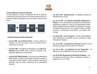 31
Fases de elaboración del plan de desarrollo
En esta perspectiva, el proceso de elaboración del Plan de Desarrollo
Territorial tanto para el área urbana como rural del municipio se basa en un
importante proceso de participación social y se realiza a través de cuatro
etapas:
3.6.Marco Normativo del Plan de Desarrollo
 Ley 9 de 1989 - Ley de Reforma Urbana. Aunque es anterior a la
Constitución de 1991, está vigente, ya que la Ley 388 de 1997 la
modificó pero no la derogó.
 Ley 38 de 1989 - Ley Orgánica del Presupuesto, crea el Banco de
Proyectos Nacional -BPIN, define los bancos de proyectos y fija
plazos para reglamentar su funcionamiento.
 Ley 99 de 1993 - Medio Ambiente. Por la cual se crea el Ministerio del
medio Ambiente, se ordena el sector público encargado de la gestión y
conservación del Medio Ambiente. Define mecanismos claros para la
planificación bajo el principio constitucional de la sustentabilidad
ambiental.
 Ley 100 de 1993 - Seguridad Social. Se establece el Sistema de
Seguridad Social en el país.
 Ley 101 de 1993 - Ley General de Desarrollo Agropecuario y
Pesquero. Por la cual se estimula la participación de los productores
agropecuarios y pesqueros a través de sus organizaciones; también
plantea la obligación de crear las UMATA y la creación de los consejos
municipales de desarrollo rural. Con la Ley 607 de 2000, se modifica
la creación y funcionamiento de las UMATA y se fortalecen estos
Consejos.
 Ley 105 de 1993 - Ley de Transporte. Se dictan responsabilidades
sobre infraestructura de transporte, recursos, concesiones y Planes
Territoriales de Transporte.
 Ley 115 de 1994 - Ley General de la Educación. Señala las normas
generales para regular el servicio público de la educación.
 Ley 131 de 1994 - Ley Estatutaria del voto Programático. Se
reglamenta el voto programático y se dictan otras disposiciones.
 Ley 134 de 1994 - Mecanismos de Participación Ciudadana. Crea
los espacios de participación política y participación ciudadana, y
reglamenta la Ley 131 de 1994.
Preparación y
Organización
del proceso
para la
elaboración del
Plan
Recolección
de Información
Primaria y
Secundaria
Diagnóstico
Integral
Formulación
del Plan de
Desarrollo
 