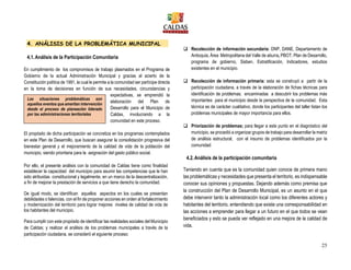 25
4. ANÁLISIS DE LA PROBLEMÁTICA MUNICIPAL
4.1.Análisis de la Participación Comunitaria
En cumplimiento de los compromisos de trabajo plasmados en el Programa de
Gobierno de la actual Administración Municipal y gracias al acierto de la
Constitución política de 1991, la cual le permite a la comunidad ser partícipe directa
en la toma de decisiones en función de sus necesidades, circunstancias y
expectativas, se emprendió la
elaboración del Plan de
Desarrollo para el Municipio de
Caldas, involucrando a la
comunidad en este proceso.
El propósito de dicha participación se concretiza en los programas contemplados
en este Plan de Desarrollo, que buscan asegurar la consolidación progresiva del
bienestar general y el mejoramiento de la calidad de vida de la población del
municipio, siendo prioritaria para la asignación del gasto público social.
Por ello, el presente análisis con la comunidad de Caldas tiene como finalidad
establecer la capacidad del municipio para asumir las competencias que le han
sido atribuidas constitucional y legalmente, en un marco de la descentralización,
a fin de mejorar la prestación de servicios a que tiene derecho la comunidad.
De igual modo, se identifican aquellos aspectos en los cuales se presentan
debilidades o falencias, con el fin de proponer acciones en orden al fortalecimiento
y modernización del territorio para lograr mejores niveles de calidad de vida de
los habitantes del municipio.
Para cumplir con este propósito de identificar las realidades sociales del Municipio
de Caldas; y realizar el análisis de los problemas municipales a través de la
participación ciudadana, se consideró el siguiente proceso:
 Recolección de información secundaria: DNP, DANE, Departamento de
Antioquia, Área Metropolitana del Valle de aburra, PBOT, Plan de Desarrollo,
programa de gobierno, Sisben, Estratificación, Indicadores, estudios
existentes en el municipio.
 Recolección de información primaria: esta se construyó a partir de la
participación ciudadana, a través de la elaboración de fichas técnicas para
identificación de problemas; encaminadas a descubrir los problemas más
importantes para el municipio desde la perspectiva de la comunidad. Esta
técnica es de carácter cualitativo, donde los participantes del taller listan los
problemas municipales de mayor importancia para ellos.
 Priorización de problemas; para llegar a este punto en el diagnóstico del
municipio, se procedió a organizar grupos de trabajo para desarrollar la matriz
de análisis estructural, con el insumo de problemas identificados por la
comunidad
4.2.Análisis de la participación comunitaria
Teniendo en cuenta que es la comunidad quien conoce de primera mano
las problemáticas y necesidades que presenta el territorio, es indispensable
conocer sus opiniones y propuestas. Dejando además como premisa que
la construcción del Plan de Desarrollo Municipal, es un asunto en el que
debe intervenir tanto la administración local como los diferentes actores y
habitantes del territorio, entendiendo que existe una corresponsabilidad en
las acciones a emprender para llegar a un futuro en el que todos se vean
beneficiados y esto se pueda ver reflejado en una mejora de la calidad de
vida.
Las situaciones problemáticas son
aquellos eventos que ameritan intervención
desde el proceso de planeación liderado
por las administraciones territoriales
 