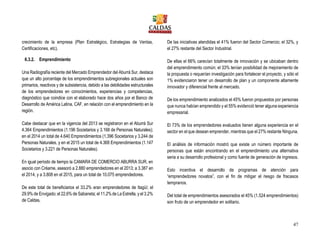 47
crecimiento de la empresa (Plan Estratégico, Estrategias de Ventas,
Certificaciones, etc).
6.3.2. Emprendimiento
Una Radiografía reciente del Mercado Emprendedor del Aburrá Sur, destaca
que un alto porcentaje de los emprendimientos subregionales actuales son
primarios, reactivos y de subsistencia, debido a las debilidades estructurales
de los emprendedores en conocimientos, experiencias y competencias,
diagnóstico que coindice con el elaborado hace dos años por el Banco de
Desarrollo de América Latina, CAF, en relación con el emprendimiento en la
región.
Cabe destacar que en la vigencia del 2013 se registraron en el Aburrá Sur
4.364 Emprendimientos (1.196 Societarios y 3.168 de Personas Naturales);
en el 2014 un total de 4.640 Emprendimientos (1.396 Societarios y 3.244 de
Personas Naturales, y en el 2015 un total de 4.368 Emprendimientos (1.147
Societarios y 3.221 de Personas Naturales).
En igual período de tiempo la CAMARA DE COMERCIO ABURRA SUR, en
asocio con Créame, asesoró a 2.880 emprendedores en el 2013; a 3.387 en
el 2014, y a 3.808 en el 2015, para un total de 10.075 emprendedores.
De este total de beneficiarios el 33.2% eran emprendedores de Itagüí; el
29.9% de Envigado; el 22.6% de Sabaneta; el 11.2%de La Estrella, y el 3.2%
de Caldas.
De las iniciativas atendidas el 41% fueron del Sector Comercio; el 32%, y
el 27% restante del Sector Industrial.
De ellas el 66% carecían totalmente de innovación y se ubicaban dentro
del emprendimiento común; el 33% tenían posibilidad de mejoramiento de
la propuesta o requerían investigación para fortalecer el proyecto, y sólo el
1% evidenciaron tener un desarrollo de plan y un componente altamente
innovador y diferencial frente al mercado.
De los emprendimiento analizados el 45% fueron propuestos por personas
que nunca habían emprendido y el 55% evidenció tener alguna experiencia
empresarial.
El 73% de los emprendedores evaluados tienen alguna experiencia en el
sector en el que desean emprender, mientras que el 27% restante Ninguna.
El análisis de información mostró que existe un número importante de
personas que están encontrando en el emprendimiento una alternativa
seria a su desarrollo profesional y como fuente de generación de ingresos.
Esto incentiva el desarrollo de programas de atención para
“emprendedores novatos”, con el fin de mitigar el riesgo de fracasos
tempranos.
Del total de emprendimientos asesorados el 45% (1.524 emprendimientos)
son fruto de un emprendedor en solitario.
 