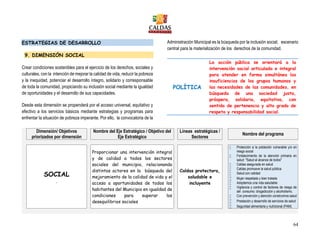 64
ESTRATEGIAS DE DESARROLLO
9. DIMENSIÓN SOCIAL
Crear condiciones sostenibles para el ejercicio de los derechos, sociales y
culturales, con la intención de mejorar la calidad de vida, reducir la pobreza
y la inequidad, potenciar el desarrollo íntegro, solidario y corresponsable
de toda la comunidad, propiciando su inclusión social mediante la igualdad
de oportunidades y el desarrollo de sus capacidades.
Desde esta dimensión se propenderá por el acceso universal, equitativo y
efectivo a los servicios básicos mediante estrategias y programas para
enfrentar la situación de pobreza imperante. Por ello, la convocatoria de la
Administración Municipal es la búsqueda por la inclusión social; escenario
central para la materialización de los derechos de la comunidad.
POLÍTICA
La acción pública se orientará a la
intervención social articulada e integral
para atender en forma simultánea las
insuficiencias de los grupos humanos y
las necesidades de las comunidades, en
búsqueda de una sociedad justa,
próspera, solidaria, equitativa, con
sentido de pertenencia y alto grado de
respeto y responsabilidad social.
Dimensión/ Objetivos
priorizados por dimensión
Nombre del Eje Estratégico / Objetivo del
Eje Estratégico
Líneas estratégicas /
Sectores
Nombre del programa
SOCIAL
.
Proporcionar una intervención integral
y de calidad a todos los sectores
sociales del municipio, relacionando
distintos actores en la búsqueda del
mejoramiento de la calidad de vida y el
acceso a oportunidades de todos los
habitantes del Municipio en igualdad de
condiciones para superar los
desequilibrios sociales
Caldas protectora,
saludable e
incluyente
 Protección a la población vulnerable y/o en
riesgo social
 Fortalecimiento de la atención primaria en
salud: "Salud al alcance de todos"
 Caldas asegurada en salud
 Caldas promueve la salud pública
 Salud con calidad
 Mujer respetada y bien tratada
 Adoptemos una vida saludable
 Vigilancia y control de factores de riesgo de
del consumo: drogadicción y alcoholismo.
 Con prevención y atención construimos salud
 Prestación y desarrollo de servicios de salud
 Seguridad alimentaria y nutricional (PAM)
 