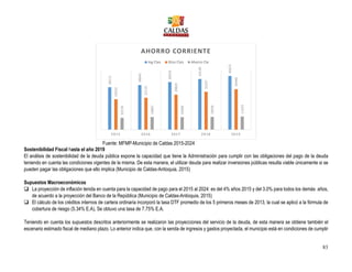 83
Fuente: MFMP-Municipio de Caldas 2015-2024
Sostenibilidad Fiscal hasta el año 2019
El análisis de sostenibilidad de la deuda pública expone la capacidad que tiene la Administración para cumplir con las obligaciones del pago de la deuda
teniendo en cuenta las condiciones vigentes de la misma. De esta manera, el utilizar deuda para realizar inversiones públicas resulta viable únicamente si se
pueden pagar las obligaciones que ello implica (Municipio de Caldas-Antioquia, 2015)
Supuestos Macroeconómicos
 La proyección de inflación tenida en cuenta para la capacidad de pago para el 2015 al 2024: es del 4% años 2015 y del 3.0% para todos los demás años,
de acuerdo a la proyección del Banco de la República (Municipio de Caldas-Antioquia, 2015)
 El cálculo de los créditos internos de cartera ordinaria incorporó la tasa DTF promedio de los 5 primeros meses de 2013, la cual se aplicó a la fórmula de
cobertura de riesgo (5.34% E.A), Se obtuvo una tasa de 7.75% E.A.
Teniendo en cuenta los supuestos descritos anteriormente se realizaron las proyecciones del servicio de la deuda, de esta manera se obtiene también el
escenario estimado fiscal de mediano plazo. Lo anterior indica que, con la senda de ingresos y gastos proyectada, el municipio está en condiciones de cumplir
36111
38042
40519
43138
45673
25933
27175
29823
32247
34440
10178
10867
10696
10936
11233
2015 2016 2017 2018 2019
AHORRO CORRIENTE
Ing Ctes Gtos Ctes Ahorro Cte
 