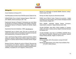 94
Bibliografía
Anuario Estadístico de Antioquia 2015.
Área Metropolitana del Valle de Aburrá Perfil Municipal de Calidad de Vida.
CORANTIOQUIA. Plan de Gestión Ambiental Regional –PGAR- 2007 –
2019. Medellín, Editorial Corantioquia. 2007. 316p.
Departamento Nacional de Planeación. Orientaciones para Incluir Metas
de Resultado en los Planes de Desarrollo de las Entidades Territoriales.
Departamento Nacional de Planeación, República de Colombia. Bogotá,
D.C. 2015.
Departamento Nacional de Estadística – DANE. www.dane.gov.co
Departamento para la inclusión social. Guía para la construcción del
capítulo de la inclusión social y la reconciliación en los planes de desarrollo
de los departamentos y municipios de Colombia. 2015.
JOLLY, Jean-Francois. Regir el territorio y gobernar los territorios. Políticas
públicas de vivienda de interés social, servicios públicos domiciliarios y
educación en Colombia. Editorial Pontificia Universidad Javeriana. Bogotá.
2010.
Ministerio del Interior y Ministerio de Justicia y el Derecho. Elementos para
la incorporación de la atención, asistencia y reparación integral a las
víctimas del conflicto armado en los planes de desarrollo departamentales,
distritales y municipales 2012- 2015. Bogotá D.C. febrero de 2012.
Morcillo, P.P. La Planeación en Colombia, Medellín: Ediciones Jurídicas
Gustavo Ibañez Ltda. 2002.
Municipio de Caldas. Esquema de ordenamiento territorial.
PINEDA, Saúl & PINILLA, Camilo, Territorio de la economía – Análisis
empresarial y de comercio exterior. Informe Síntesis. Estrategias de calidad
Urbana. Barcelona –Bogotá. 2011
ROTH DEUBEL, André-Noël. Políticas Públicas. Formulación,
implementación y evaluación. Bogotá: Ediciones Aurora. 2006
VILLADA ESCOBAR, Liliana María. Política Legislativa en Colombia:
análisis crítico frente a nuestras carencias. Bogotá: Universidad Externado
de Colombia. 2012.
VILLADA ESCOBAR, Liliana María & GUTIÉRREZ LONDOÑO Alfonso
León. Manual de Planeación y Ejecución para los Territorios. Colección
Políticas Públicas Aplicadas. Bogotá: En imprenta. 2012.
Referencias
Municipio de Caldas. (2015). Plan educativo municipal 2015-2024.
Caldas.
Municipio de Caldas-Antioquia. (2015). Marco Fiscal de Mediano Plazo
2015-2024. Caldas_Antioquia.
 