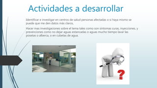 Actividades a desarrollar
Identificar e investigar en centros de salud personas afectadas o si haya mismo se
puede que me den datos más claros,
Hacer mas investigaciones sobre el tema tales como son síntomas curas, inyecciones, y
prevenciones como no dejar aguas estancadas o aguas mucho tiempo lavar las
posetas o alberca, o en cubetas de agua.
 