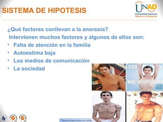 SISTEMA DE HIPOTESIS
¿Qué factores conllevan a la anorexia?
Intervienen muchos factores y algunos de ellos son:
• Falta de atención en la familia
• Autoestima baja
• Los medios de comunicación
• La sociedad
 