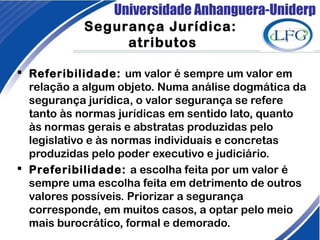 Universidade Anhanguera-Uniderp
 Referibilidade: um valor é sempre um valor em
relação a algum objeto. Numa análise dogmática da
segurança jurídica, o valor segurança se refere
tanto às normas jurídicas em sentido lato, quanto
às normas gerais e abstratas produzidas pelo
legislativo e às normas individuais e concretas
produzidas pelo poder executivo e judiciário.
 Preferibilidade: a escolha feita por um valor é
sempre uma escolha feita em detrimento de outros
valores possíveis. Priorizar a segurança
corresponde, em muitos casos, a optar pelo meio
mais burocrático, formal e demorado.
Segurança Jurídica:
atributos
 