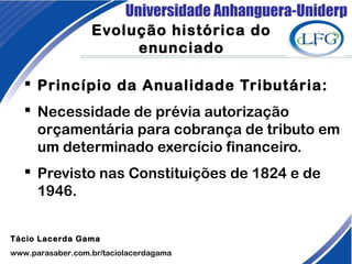 Universidade Anhanguera-Uniderp
Evolução histórica do
enunciado
 Princípio da Anualidade Tributária: 
 Necessidade de prévia autorização
orçamentária para cobrança de tributo em
um determinado exercício financeiro.
 Previsto nas Constituições de 1824 e de
1946.
Tácio Lacerda Gama
www.parasaber.com.br/taciolacerdagama
 