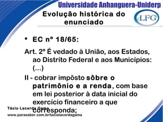 Universidade Anhanguera-Uniderp
Evolução histórica do
enunciado
 EC nº 18/65:
Art. 2º É vedado à União, aos Estados,
ao Distrito Federal e aos Municípios:
(...)
II - cobrar impôsto sôbre o
patrimônio e a renda, com base
em lei posterior à data inicial do
exercício financeiro a que
corresponda;Tácio Lacerda Gama
www.parasaber.com.br/taciolacerdagama
 