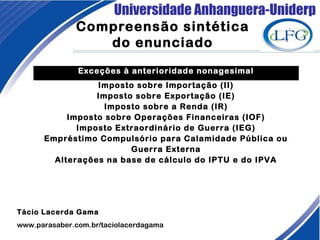 Universidade Anhanguera-Uniderp
Compreensão sintética
do enunciado
Tácio Lacerda Gama
www.parasaber.com.br/taciolacerdagama
Exceções à anterioridade nonagesimal
Imposto sobre Importação (II)
Imposto sobre Exportação (IE)
Imposto sobre a Renda (IR)
Imposto sobre Operações Financeiras (IOF)
Imposto Extraordinário de Guerra (IEG)
Empréstimo Compulsório para Calamidade Pública ou
Guerra Externa
Alterações na base de cálculo do IPTU e do IPVA
 
