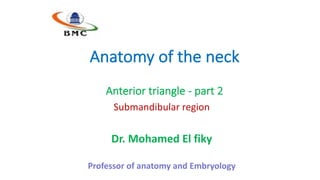 Anatomy	of	the	neck
Anterior	triangle	- part	2
Dr.	Mohamed	El	fiky
Professor	of	anatomy	and	Embryology	
Submandibular	region
 