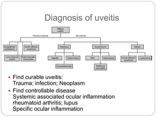 Diagnosis of uveitis
 Find curable uveitis:
Trauma; infection; Neoplasm
 Find controllable disease
Systemic associated ocular inflammation
rheumatoid arthritis; lupus
Specific ocular inflammation
 