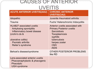CAUSES OF ANTERIOR
UVEITIS
ACUTE ANTERIOR UVEITIS(AAU) CHRONIC ANTERIOR
UVEITIS(CAU)
Idiopathic Juvenile rheumatoid arthritis
Trauma Fuchs’ Heterochromic Iridocyclitis
HLAB27 associated uveitis
Ankylosing spondylitis
Inflammatory bowel disease
(crohn’s ds &
ulcerative colitis)
Psoriatic arthritis
Reiter’s syndrome
Anterior uveitis associated with
Primary Posterior uveitis
Sarcoidosis
Toxoplasmosis
syphilis
tuberculosis
herpes zoster
CMV
AIDS
Behcet’s disease/syndrome OTHER POSTERIOR PROBLEMS
like RD
Lens-associated anterior uveitis
Phacoanaphylactic & phacogenic
Phacolytic
UGH syndrome
 
