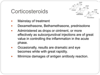 Corticosteroids
 Mainstay of treatment
 Dexamethasone, Bethamethasone, prednisolone
 Administered as drops or ointment, or more
effectively as subconjunctival injections are of great
value in controlling the inflammation in the acute
phase.
 Occasionally, results are dramatic and eye
becomes white with great rapidity.
 Minimize damages of antigen antibody reaction.
 
