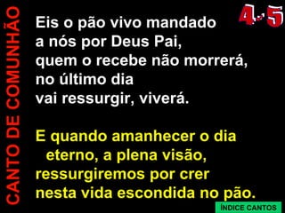 CANTO DE COMUNHÃO Eis o pão vivo mandado a nós por Deus Pai, quem o recebe não morrerá, no último dia vai ressurgir, viverá. E quando amanhecer o dia eterno, a plena visão, ressurgiremos por crer nesta vida escondida no pão. 4 - 5 ÍNDICE CANTOS