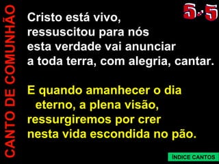 CANTO DE COMUNHÃO Cristo está vivo,  ressuscitou para nós  esta verdade vai anunciar  a toda terra, com alegria, cantar. E quando amanhecer o dia eterno, a plena visão, ressurgiremos por crer  nesta vida escondida no pão. 5 - 5 ÍNDICE CANTOS 