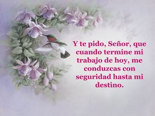Y te pido, Señor, que cuando termine mi trabajo de hoy, me conduzcas con seguridad hasta mi destino. 