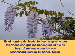 En el nombre de Jesús, te doy las gracias por
 los dones con que me bendecirás el día de
        hoy. Ayúdame a usarlos con
    responsabilidad en Tu honor. Amén.
 