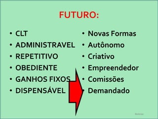 FUTURO:
•
•
•
•
•
•

CLT
ADMINISTRAVEL
REPETITIVO
OBEDIENTE
GANHOS FIXOS
DISPENSÁVEL

•
•
•
•
•
•

Novas Formas
Autônomo
Criativo
Empreendedor
Comissões
Demandado
Notícias

 