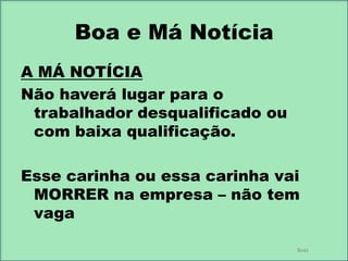 Boa e Má Notícia
A MÁ NOTÍCIA
Não haverá lugar para o
trabalhador desqualificado ou
com baixa qualificação.
Esse carinha ou essa carinha vai
MORRER na empresa – não tem
vaga
Boas

 