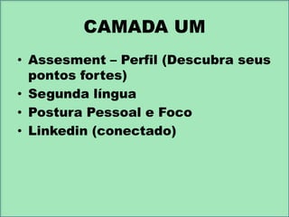 CAMADA UM
• Assesment – Perfil (Descubra seus
pontos fortes)
• Segunda língua
• Postura Pessoal e Foco
• Linkedin (conectado)

 