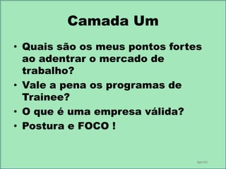 Camada Um
• Quais são os meus pontos fortes
ao adentrar o mercado de
trabalho?
• Vale a pena os programas de
Trainee?
• O que é uma empresa válida?
• Postura e FOCO !

Agente

 