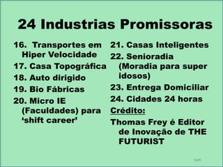 24 Industrias Promissoras
16. Transportes em
Hiper Velocidade
17. Casa Topográfica
18. Auto dirigido
19. Bio Fábricas
20. Micro IE
(Faculdades) para
„shift career‟

21. Casas Inteligentes
22. Senioradia
(Moradia para super
idosos)
23. Entrega Domiciliar
24. Cidades 24 horas
Crédito:
Thomas Frey é Editor
de Inovação de THE
FUTURIST
Shift

 