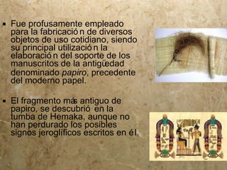  Fue profusamente empleado
  para la fabricació n de diversos
  objetos de uso cotidiano, siendo
  su principal utilizació n la
  elaboració n del soporte de los
  manuscritos de la antigü   edad
  denominado papiro, precedente
  del moderno papel.

 El fragmento má antiguo de
                   s
  papiro, se descubrió en la
  tumba de Hemaka, aunque no
  han perdurado los posibles
  signos jeroglíficos escritos en é l.
 