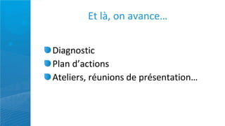 Et là, on avance… Diagnostic Plan d’actions Ateliers, réunions de présentation…