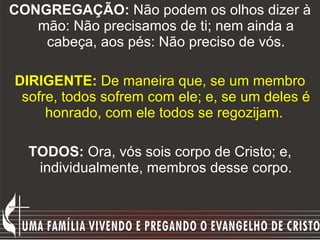 CONGREGAÇÃO:  Não podem os olhos dizer à mão: Não precisamos de ti; nem ainda a cabeça, aos pés: Não preciso de vós. DIRIGENTE:  De maneira que, se um membro sofre, todos sofrem com ele; e, se um deles é honrado, com ele todos se regozijam.  TODOS:  Ora, vós sois corpo de Cristo; e, individualmente, membros desse corpo. 