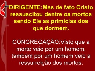 DIRIGENTE:Mas de fato Cristo ressuscitou dentre os mortos sendo Ele as primícias dos que dormem. CONGREGAÇÃO:Visto que a morte veio por um homem, também por um homem veio a ressurreição dos mortos. 