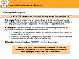 Agenda Estratégica das Ferrovias


Eliminação de Gargalos

         PROSEFER - Programa Nacional de Segurança Ferroviária/ DNIT
  Objetivo: Melhorar a segurança as relações de convivência entre ferrovia e suas
  comunidades lindeiras, visando aumentar os níveis gerais de segurança e qualidade de
  vida da população, bem como segurança e melhoria da operação ferroviária.

  Concepção: A ser desenvolvido por corredores de transportes para otimizar as
  aplicações financeiras na malha ferroviária, envolvendo:
          Identificação dos problemas operacionais, por meio de cadastro separado em áreas
          urbanas e áreas rurais;
          Proposição de intervenções, compatíveis a importância de cada problema apontado
          (contorno ferroviário, viaduto, sinalização de PNs, etc).

  Situação: Licitado o Estudo do PROSEFER e em fase de execução.

               O PROSEFER permitirá intervenções em áreas críticas dos
              corredores ferroviários, com vistas a eliminação de conflitos
                    entre operação ferroviária e as comunidades.
 