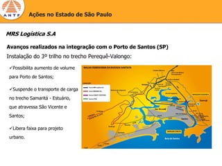 Ações no Estado de São Paulo


MRS Logística S.A

Avanços realizados na integração com o Porto de Santos (SP)
Instalação do 3º trilho no trecho Perequê-Valongo:

  Possibilita aumento de volume
 para Porto de Santos;

  Suspende o transporte de carga
 no trecho Samaritá - Estuário,
 que atravessa São Vicente e
 Santos;

  Libera faixa para projeto
 urbano.
 