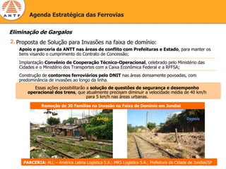 Agenda Estratégica das Ferrovias


Eliminação de Gargalos
2. Proposta de Solução para Invasões na faixa de domínio:
   Apoio e parceria da ANTT nas áreas de conflito com Prefeituras e Estado, para manter os
   bens visando o cumprimento do Contrato de Concessão;
   Implantação Convênio de Cooperação Técnico-Operacional, celebrado pelo Ministério das
   Cidades e o Ministério dos Transportes com a Caixa Econômica Federal e a RFFSA;
   Construção de contornos ferroviários pelo DNIT nas áreas densamente povoadas, com
   predominância de invasões ao longo da linha.
          Essas ações possibilitarão a solução de questões de segurança e desempenho
       operacional dos trens, que atualmente precisam diminuir a velocidade média de 40 km/h
                                     para 5 km/h nas áreas urbanas.

              Remoção de 30 Famílias na Invasão na Faixa de Domínio em Jundiaí


                                            Antes                                           Depois




     PARCERIA: ALL – América Latina Logística S.A.; MRS Logística S.A.; Prefeitura da Cidade de Jundiaí/SP
 