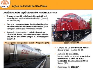 Ações no Estado de São Paulo

América Latina Logística Malha Paulista S.A- ALL
  Transporte de 10 milhões de litros de álcool
  por mês para a refinaria Planalto Paulista (Replan),
  em Paulínia (SP);

  Parceria com produtores de álcool do interior
  paulista e distribuidoras de combustível, para
  captação e distribuição no mercado paulista.

  A previsão é movimentar 1 milhão de metros
  cúbicos de álcool com destino ao mercado de
  São Paulo, em 2009 e chegar a 2 milhões/ano
  até 2010.

 Vagão para o transporte de álcool - Araçatuba (SP)            Locomotiva AC 44

                                                         Compra de 10 locomotivas novas
                                                         (bitola larga) – modelo AC 44;

                                                         Aumento de capacidade,
                                                         transportante em apenas uma única
                                                         locomotiva o trem de 8.000
                                                         toneladas de Alto Araguaia (MT) a
                                                         Santos (SP);
                                                         Capacidade de 4400 HP.
 