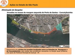 Ações no Estado de São Paulo

Eliminação de Gargalos
     Invasões no acesso da margem esquerda do Porto de Santos - Conceiçãozinha




     Mapeamento dos núcleos de invasões localizados entre as Estações de Piaçaguera e
     de Conceiçãozinha, para análise das providências necessárias na solução desse problema,
     com apoio da Prefeitura Municipal de Guarujá - SP.
 