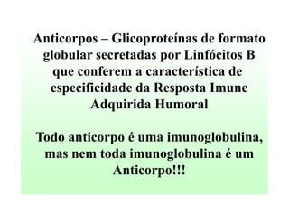 Anticorpos – Glicoproteínas de formato
globular secretadas por Linfócitos B
que conferem a característica de
especificidade da Resposta Imune
Adquirida Humoral
Todo anticorpo é uma imunoglobulina,
mas nem toda imunoglobulina é um
Anticorpo!!!

 
