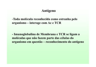Antígeno
-Toda molécula reconhecida como estranha pelo
organismo – interage com Ac e TCR

- Imunoglobulina de Membrana e TCR se ligam a
moléculas que não fazem parte das células do
organismo em questão – reconhecimento do antígeno

 