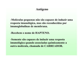 Antígeno

-Moléculas pequenas não são capazes de induzir uma
resposta imunológica, mas são reconhecidas por
imunoglobulinas de membrana.
-Recebem o nome de HAPTENO.
-Somente são capazes de induzir uma resposta
imunológica quando associadas quimicamente a
outra molécula, chamada de CARREADOR.

 