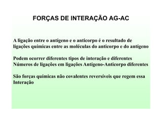 FORÇAS DE INTERAÇÃO AG-AC

A ligação entre o antígeno e o anticorpo é o resultado de
ligações químicas entre as moléculas do anticorpo e do antígeno
Podem ocorrer diferentes tipos de interação e diferentes
Números de ligações em ligações Antígeno-Anticorpo diferentes
São forças químicas não covalentes reversíveis que regem essa
Interação

 